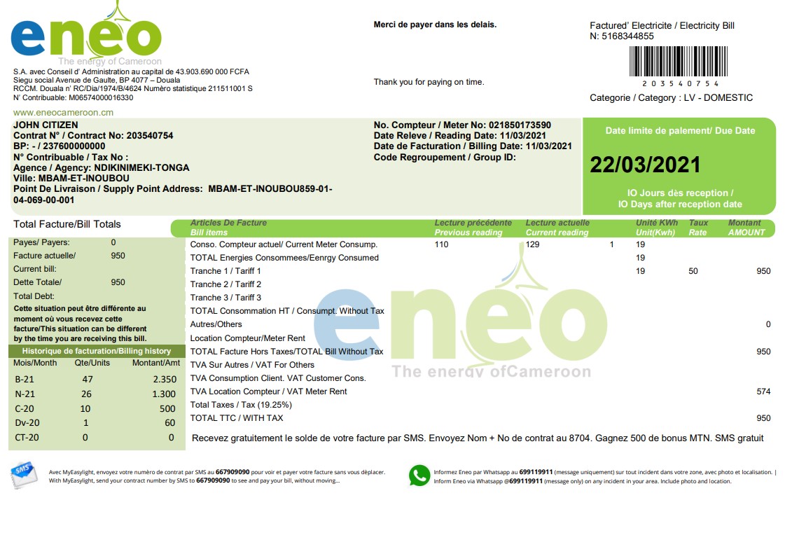 Cameroon ENEO electricity utility bill template in Word and PDF format (current version)